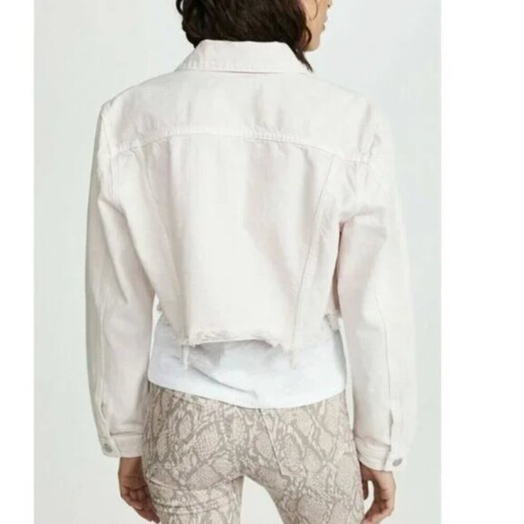 J Brand Trucker Oversized Crop Jacket Womens Medium Pink Cyra Denim Raw Hem - Picture 5 of 8